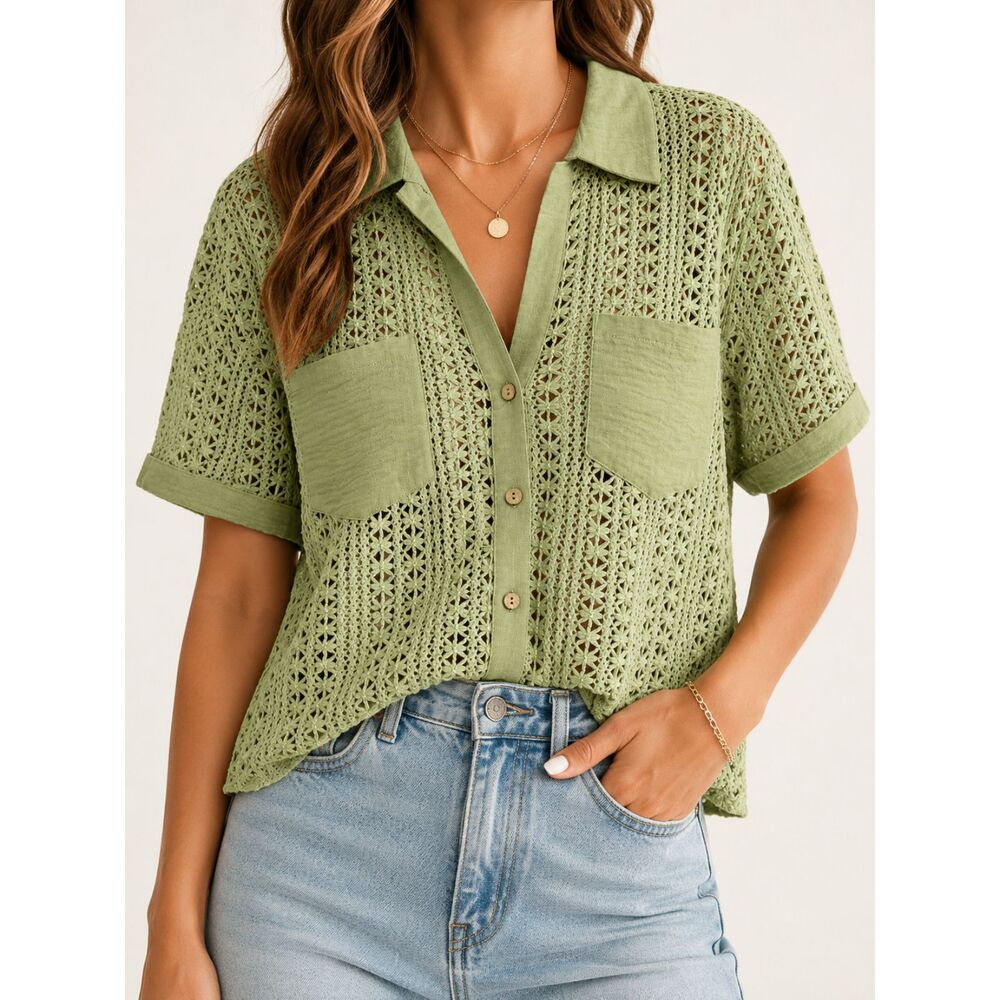 Rebellion Again Sage Green Crochet Lace Button Front XL Y2K Boho Cottagecore